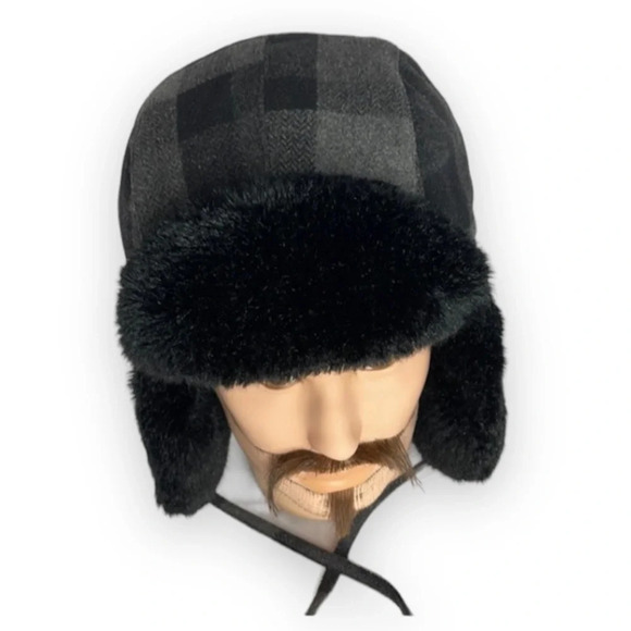GANKA GKSII Black Grey Plaid Wool Faux Fur Heatlocker Trapper Hat Granola - Picture 1 of 9